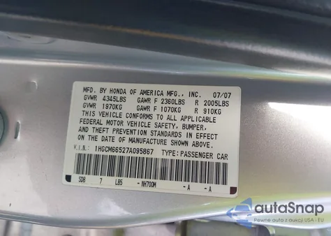 2007 Honda Accord Ex from USA, damaged, VIN 1HGCM66527A095867